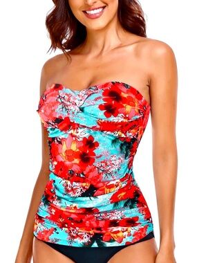 RELLECIGA Tropical Floral Bandeau Tankini Top Ruched Tummy Control - Size Large
